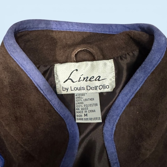 LINEA BY LOUIS DELL'OLIO JACKET SUEDE LEATHER EMBROIDERED OPEN BROWN/BLUE MED - Picture 2 of 4